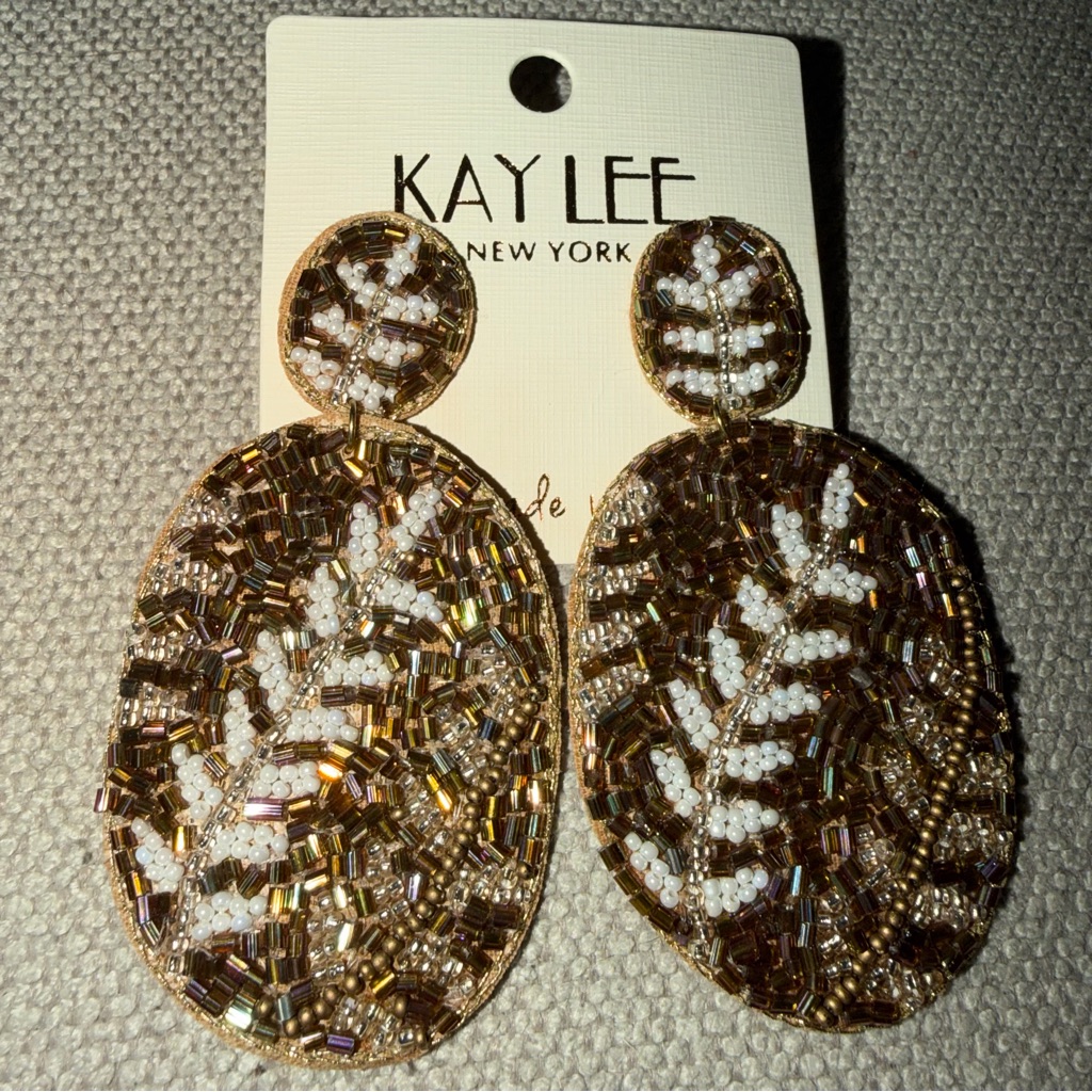 Gold White Brown Beaded Floral Statement Earrings Night Out Vacay Resortwear 30$